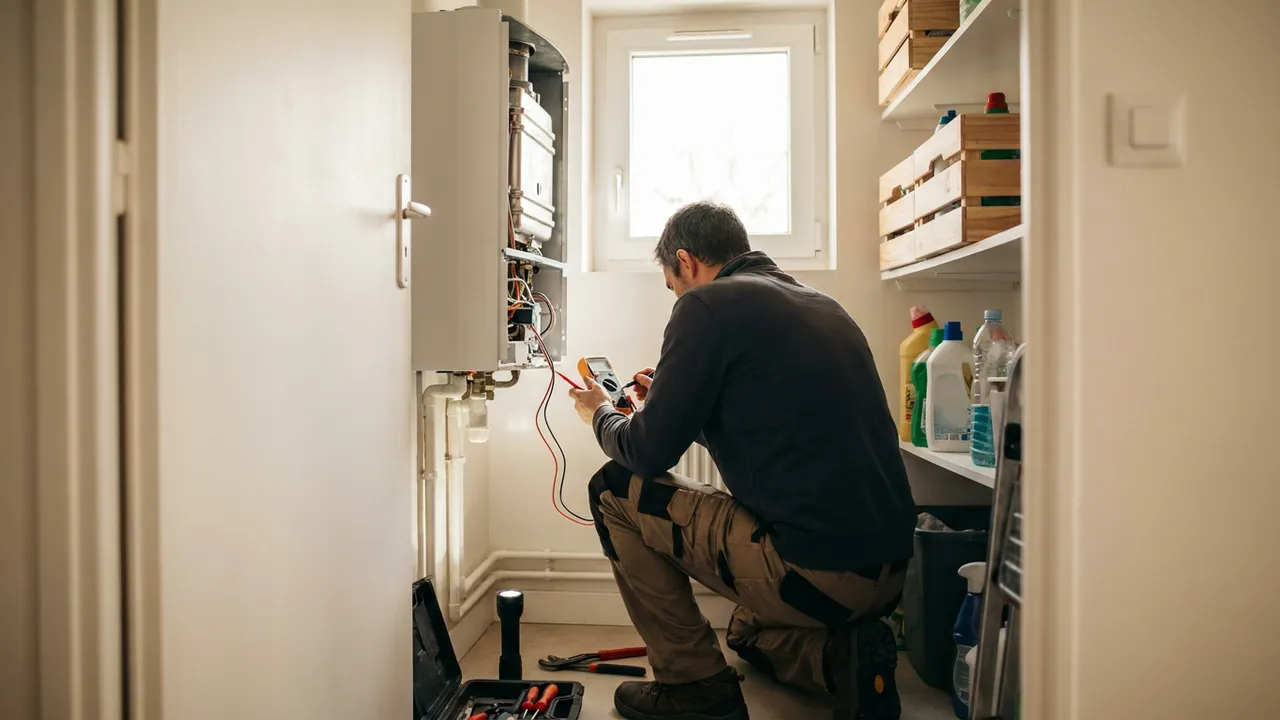Plombier contrôlant la résistance d'un chauffe-eau électrique dans un appartement de Courbevoie