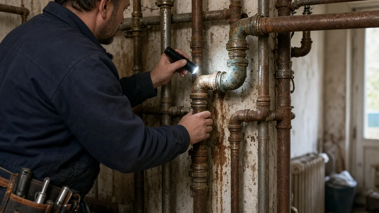 Canalisation métallique oxydée inspectée par un plombier dans un local technique d’appartement à Courbevoie
