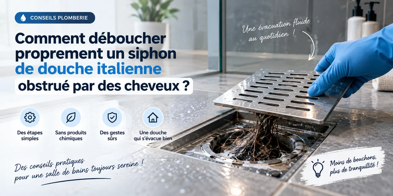 Crépine et siphon de douche à l’italienne ouverts pour retirer un amas de cheveux dans une salle de bain à Courbevoie
