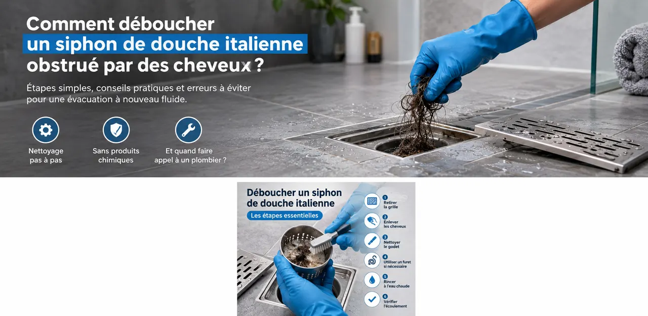 Main gantée retirant un amas de cheveux de la bonde d'une douche à l'italienne dans une salle de bain de Courbevoie