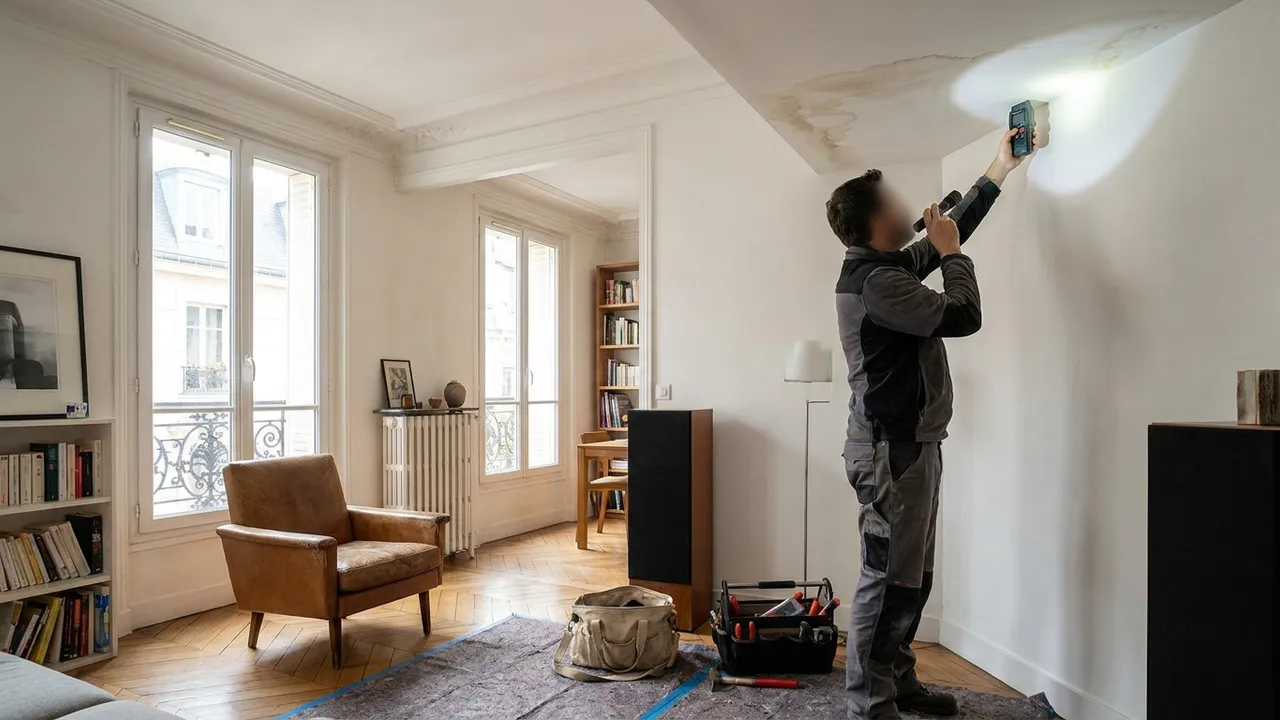 Plafond marqué par une infiltration d'eau dans un appartement ancien de Courbevoie