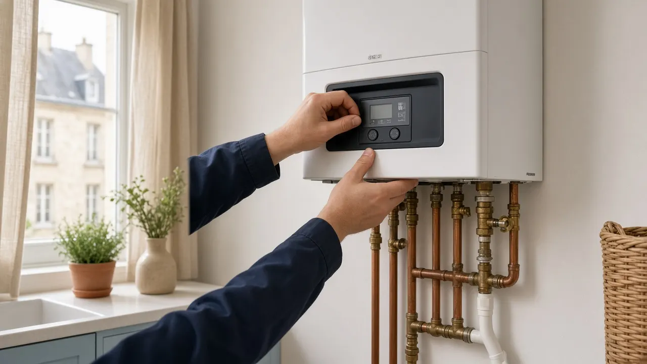 Chaudière murale à condensation gaz récemment installée dans un local technique d’appartement à Courbevoie