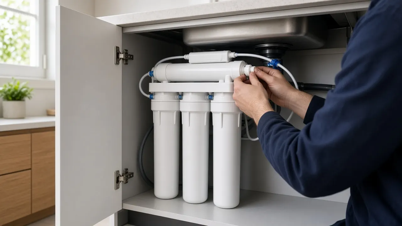 Osmoseur compact installé sous un évier de cuisine avec cartouches et robinet dédié, appartement à Courbevoie