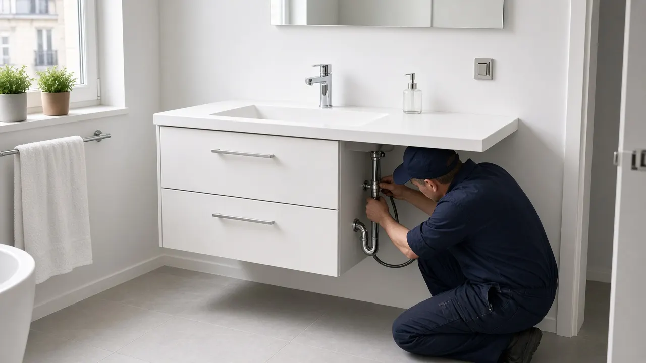 Meuble vasque suspendu blanc avec tiroirs dans une petite salle de bain d’appartement à Courbevoie