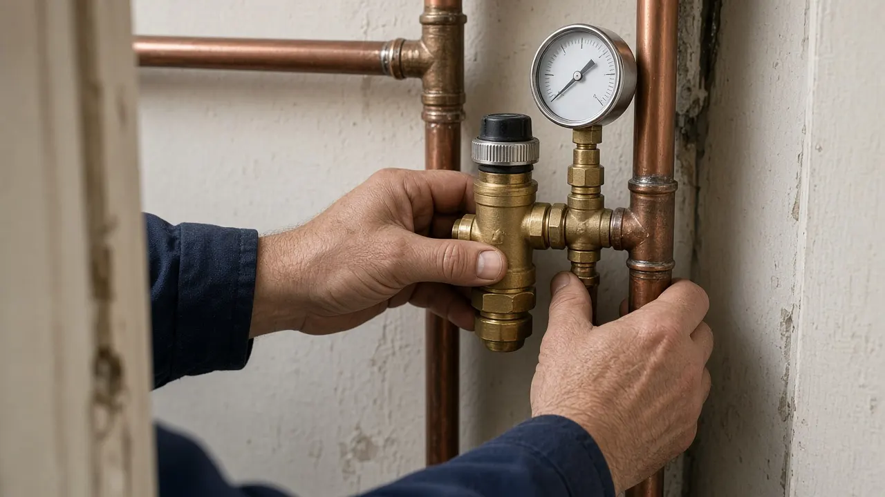 Réducteur de pression d’eau en laiton avec manomètre installé après le compteur dans un local technique de Courbevoie