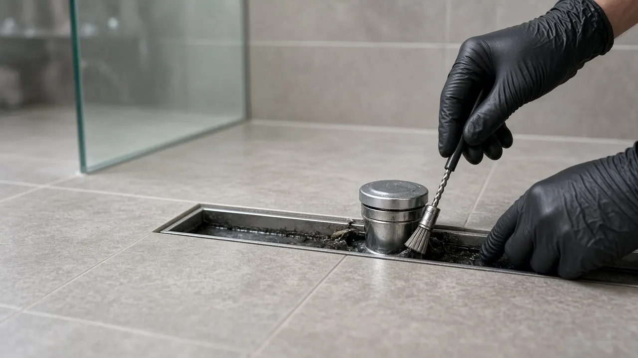 Grille de bonde de douche soulevée au-dessus d’un siphon accessible, dans une salle de bain contemporaine à Courbevoie