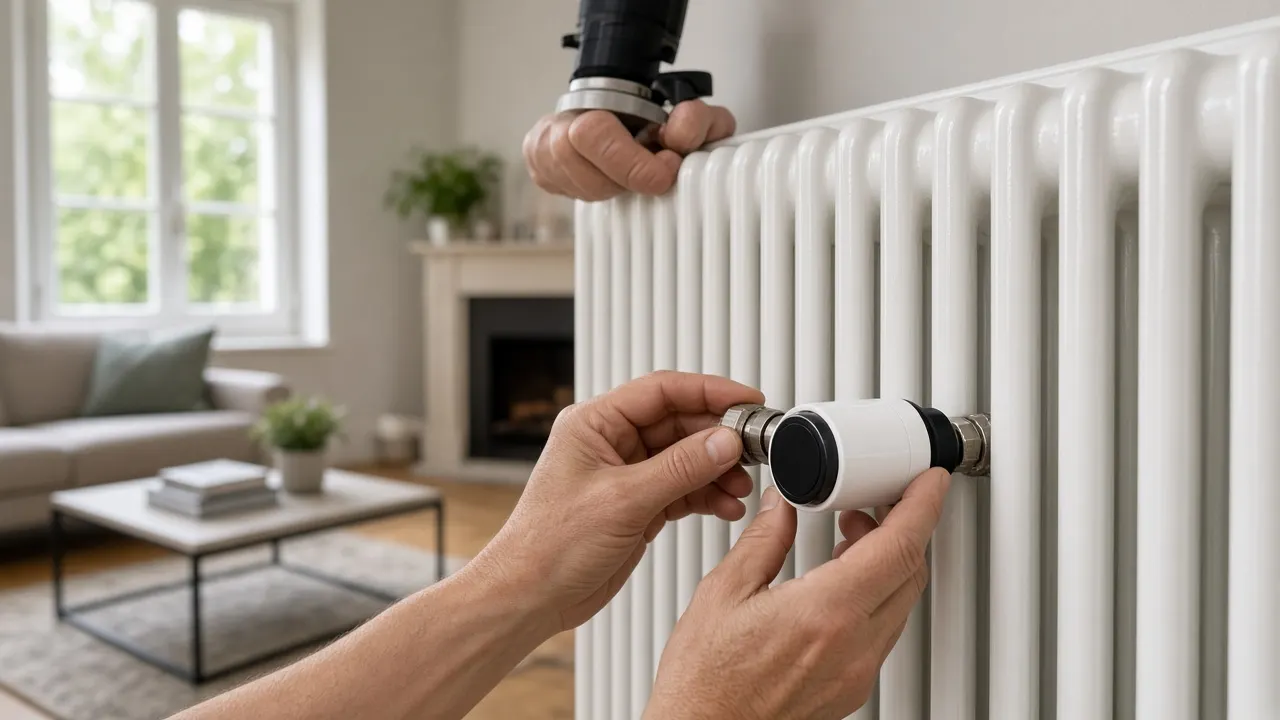 Tête thermostatique connectée blanche installée sur un radiateur à eau chaude dans un appartement de Courbevoie